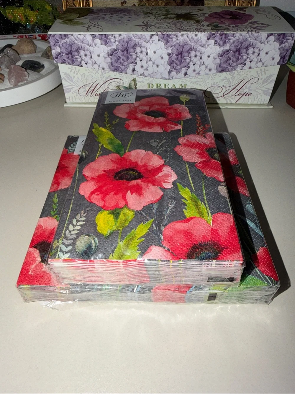 ihr Gray Red Green Field Poppy Matching Square & Rectangular Lunch Napkins